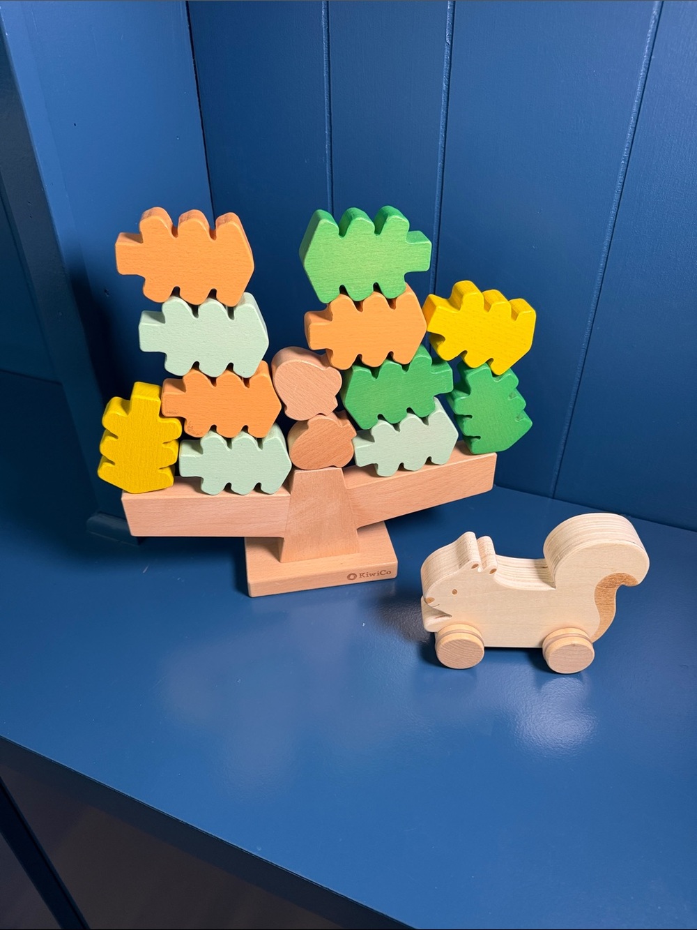 Wooden Balancing Tree Stacking Toy with Squirrel Pull Car - Multicolor